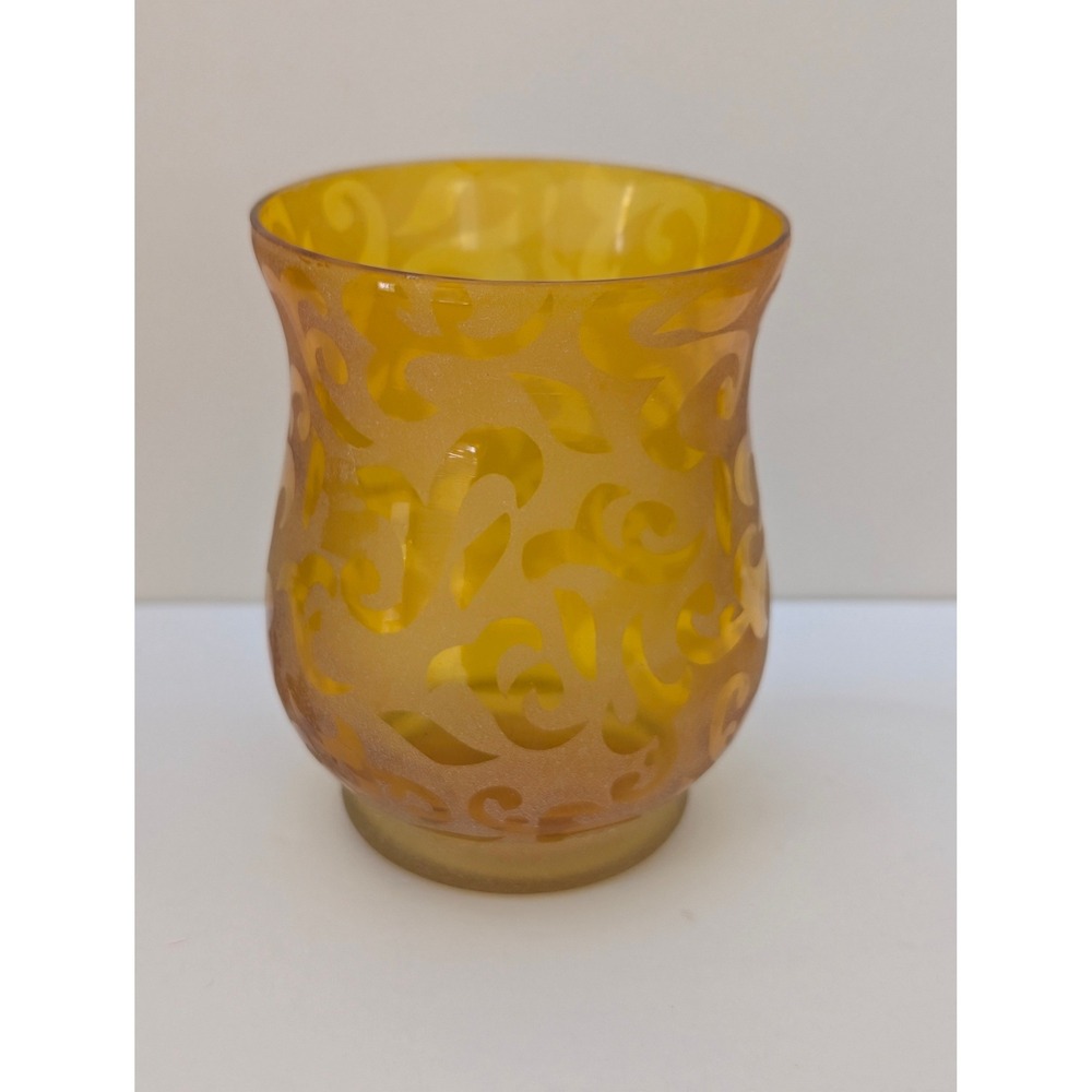 Handcrafted Amber Glass Hurricane Votive Candle Holder Frosted Scroll India